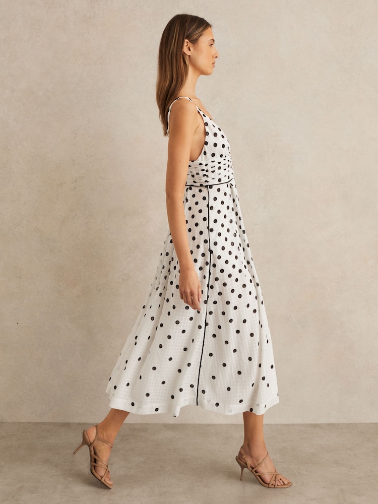 Reiss Black/White Dottie Polka Dot Midi Dress - Image 1 of 6