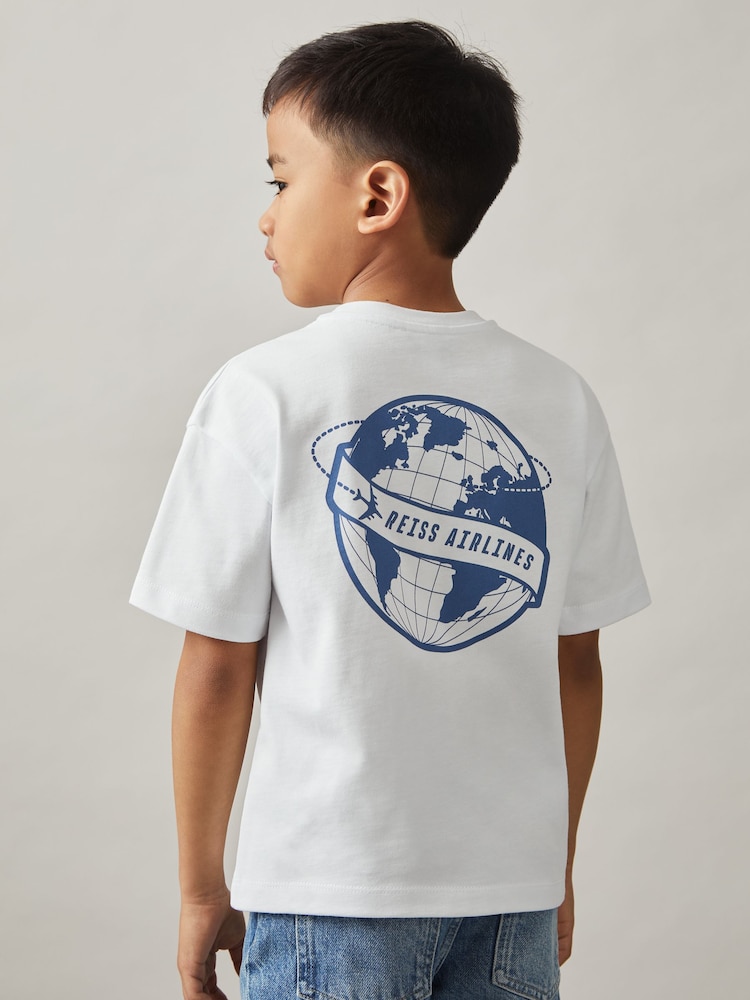 Reiss White/Blue Ivan 9-13 yrs Cotton Airlines-Print Oversize T-Shirt - Image 1 of 4