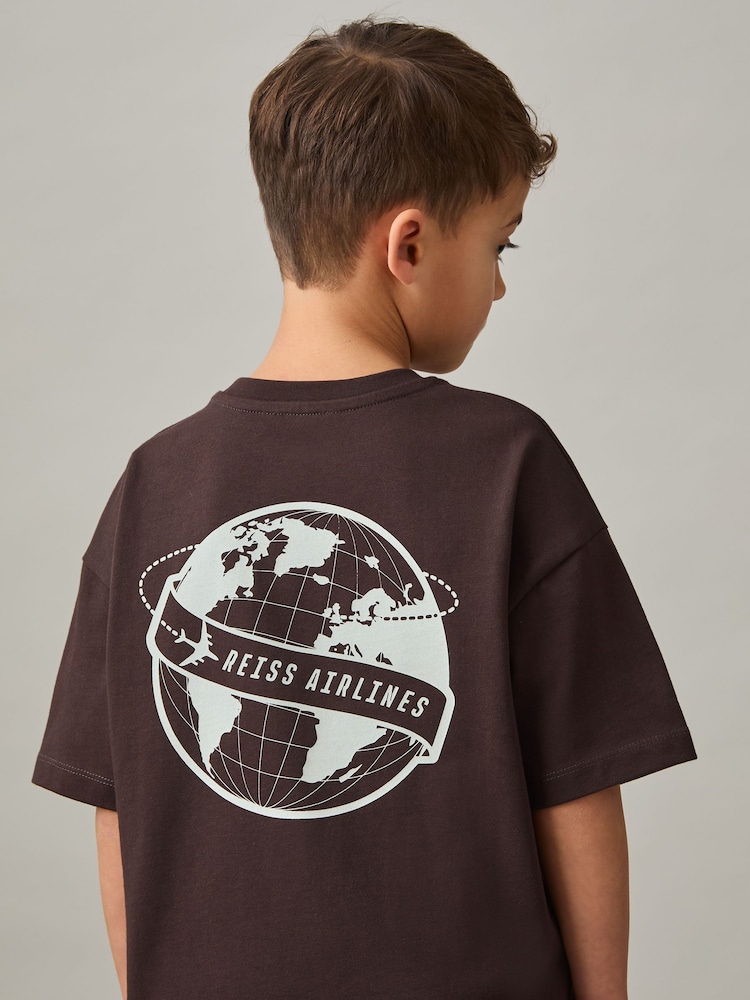 Reiss Chocolate Brown/Off White Ivan 9-13 yrs Cotton Airlines-Print Oversize T-Shirt - Image 1 of 4