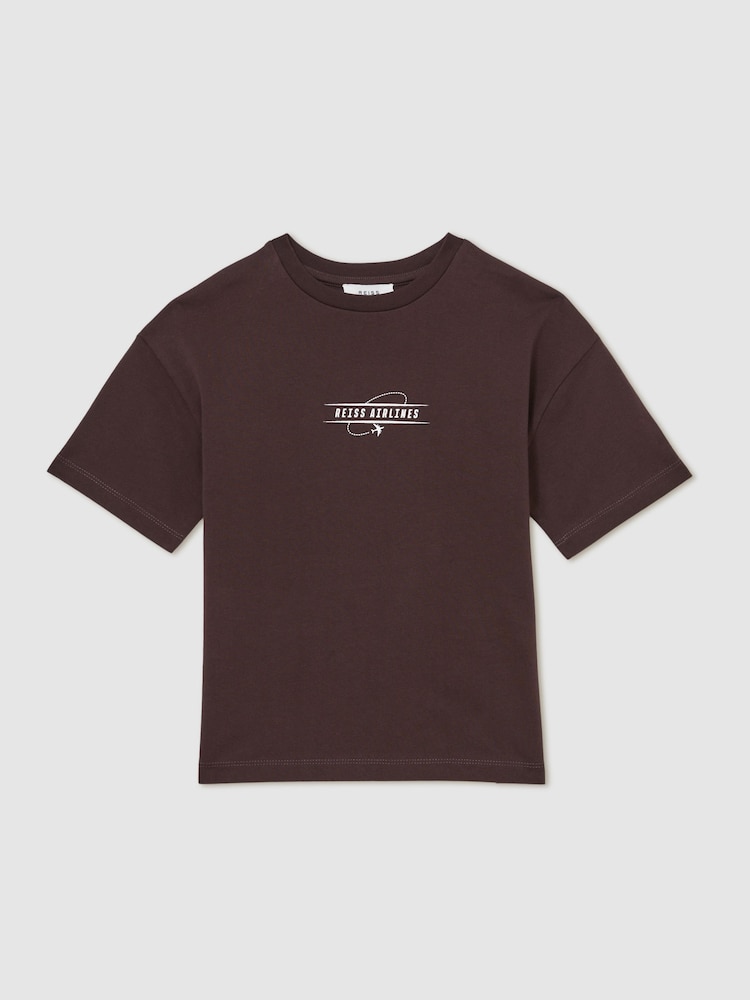 Reiss Chocolate Brown/Off White Ivan 9-13 yrs Cotton Airlines-Print Oversize T-Shirt - Image 2 of 4