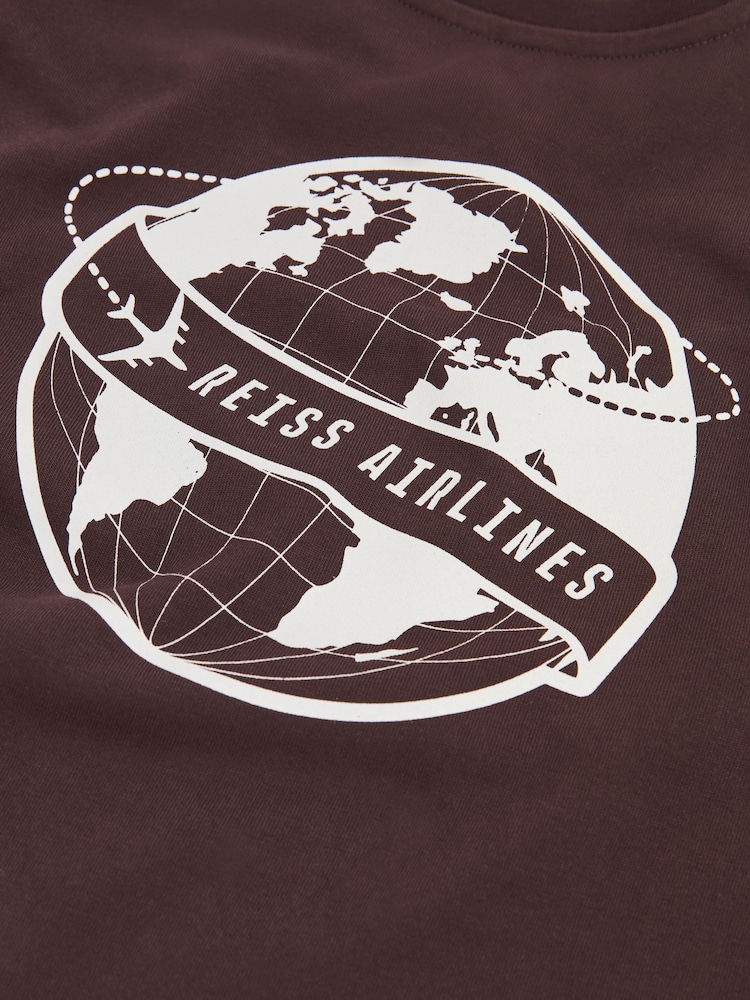 Reiss Chocolate Brown/Off White Ivan 9-13 yrs Cotton Airlines-Print Oversize T-Shirt - Image 4 of 4