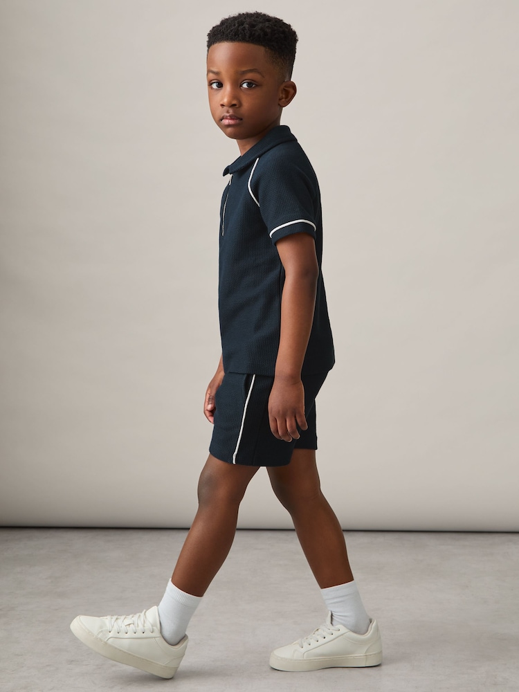 Reiss Navy Pinta 3-9 yrs Cotton Textured Piped Shorts - Image 1 of 4