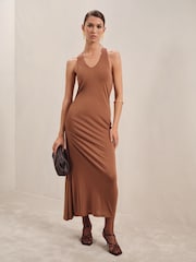 Reiss Brown Aaliyah Ruched Jersey Midi Dress - Image 3 of 7