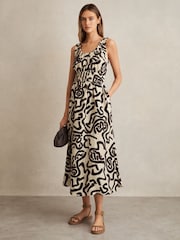 Reiss Brown/Ivory Akari Linen-Blend Printed Shirred Midi Dress - Image 1 of 5