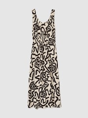 Reiss Brown/Ivory Akari Linen-Blend Printed Shirred Midi Dress - Image 2 of 5
