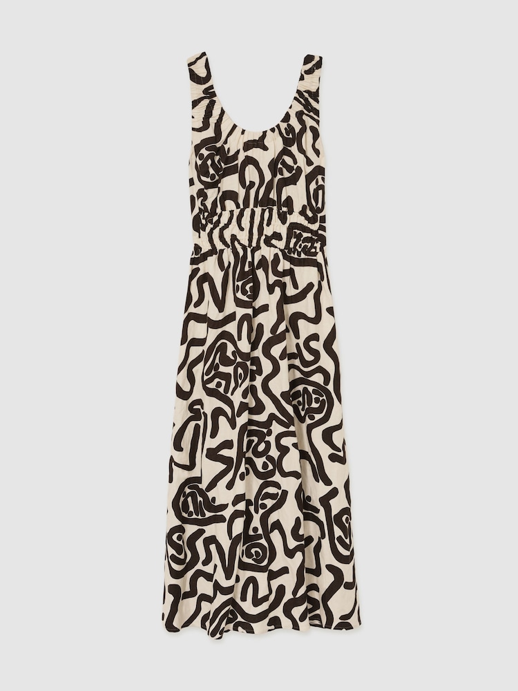 Reiss Brown/Ivory Akari Linen-Blend Printed Shirred Midi Dress - Image 2 of 5
