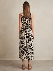 Reiss Brown/Ivory Akari Linen-Blend Printed Shirred Midi Dress - Image 4 of 5