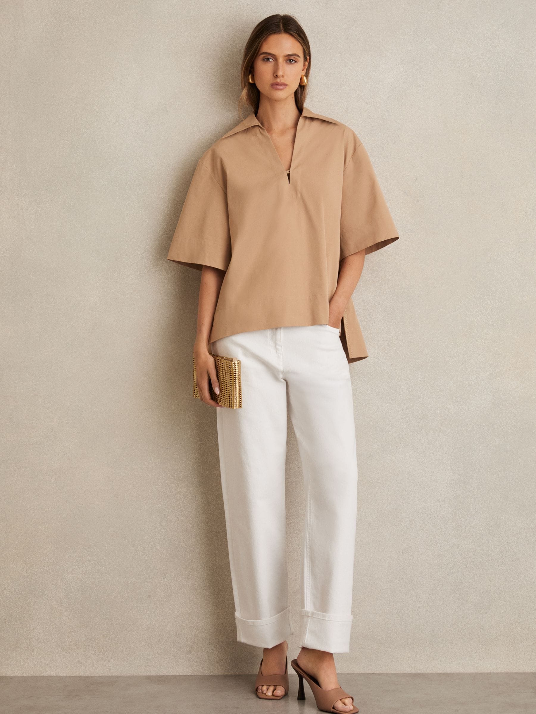 REISS CAMEL COTTON BLEND CRAFT STITCH COLLARED TOP