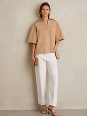 Reiss Camel Dara Cotton Blend Craft Stitch Collared Top - Image 1 of 6