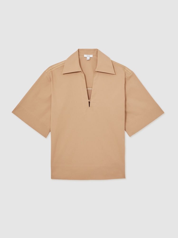 Reiss Camel Dara Cotton Blend Craft Stitch Collared Top - Image 2 of 6