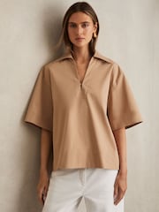 Reiss Camel Dara Cotton Blend Craft Stitch Collared Top - Image 3 of 6