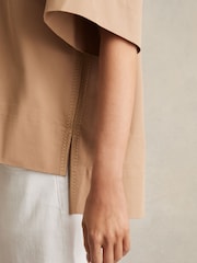 Reiss Camel Dara Cotton Blend Craft Stitch Collared Top - Image 4 of 6