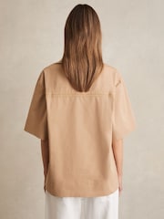Reiss Camel Dara Cotton Blend Craft Stitch Collared Top - Image 5 of 6