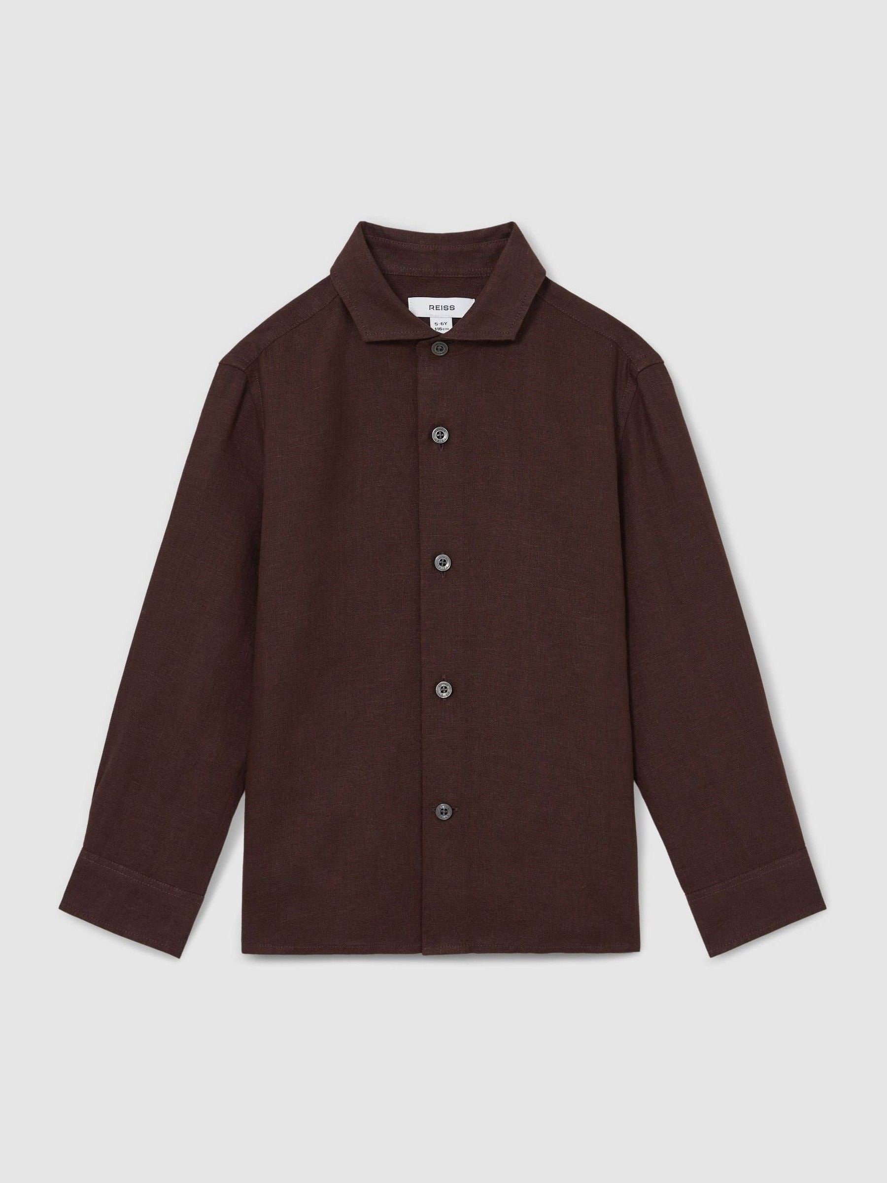Reiss Dark Brown Linen Long-sleeve Shirt In Brown
