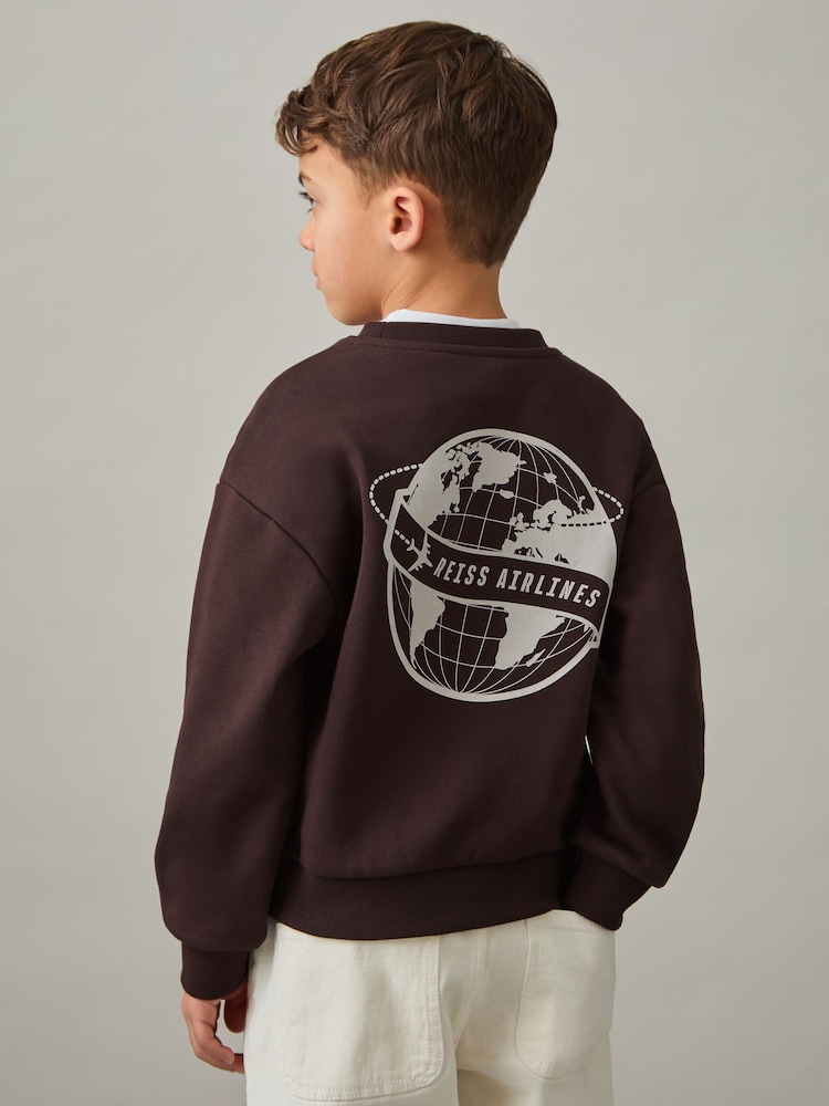 Reiss Chocolate Brown/Off White Orville Senior Cotton-Blend Airlines-Print Sweatshirt - Image 1 of 4