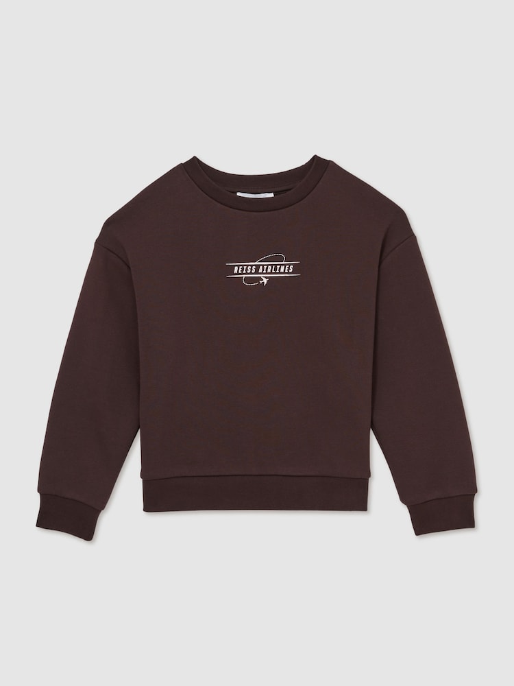 Reiss Chocolate Brown/Off White Orville Senior Cotton-Blend Airlines-Print Sweatshirt - Image 2 of 4