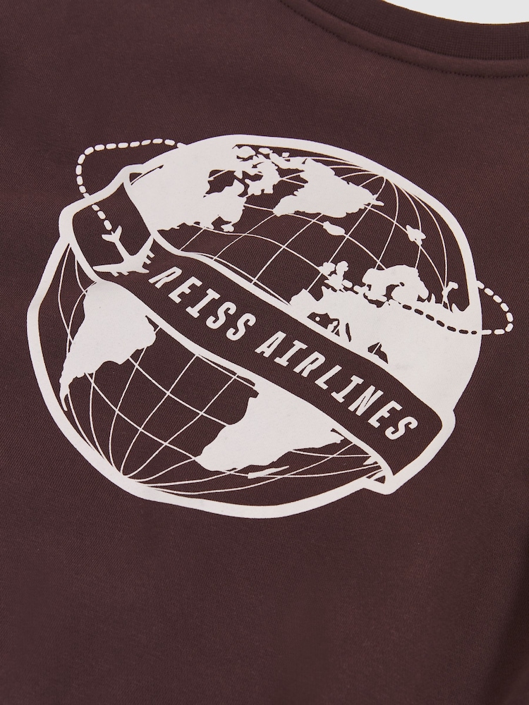 Reiss Chocolate Brown/Off White Orville Senior Cotton-Blend Airlines-Print Sweatshirt - Image 4 of 4