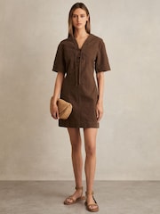 Reiss Chocolate Tia Lace Up Denim Shirt Dress - Image 1 of 5