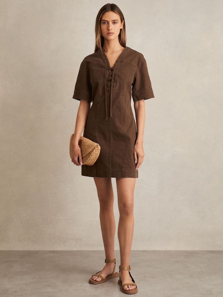 Reiss Chocolate Tia Lace Up Denim Shirt Dress - Image 1 of 5