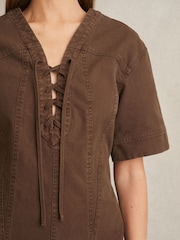 Reiss Chocolate Tia Lace Up Denim Shirt Dress - Image 3 of 5