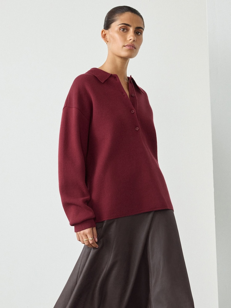 Vermelho Borgonha - Blusa polo de manga comprida e gola polo com toque macio e aconchegante - Imagem 2 de 7