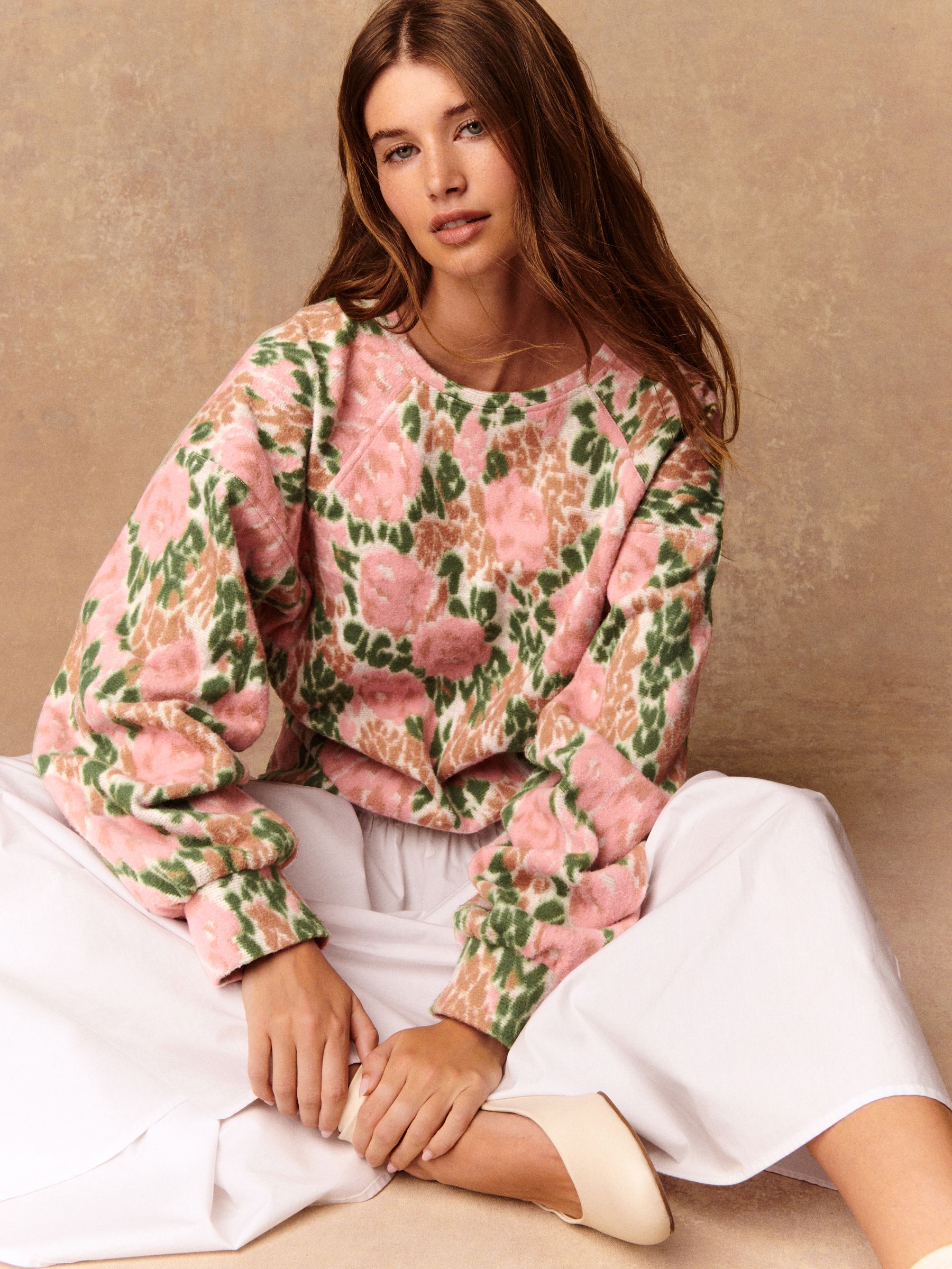 Buy Floral Pink/Green Cosy Crew Neck Jumper With Ribbed Detail