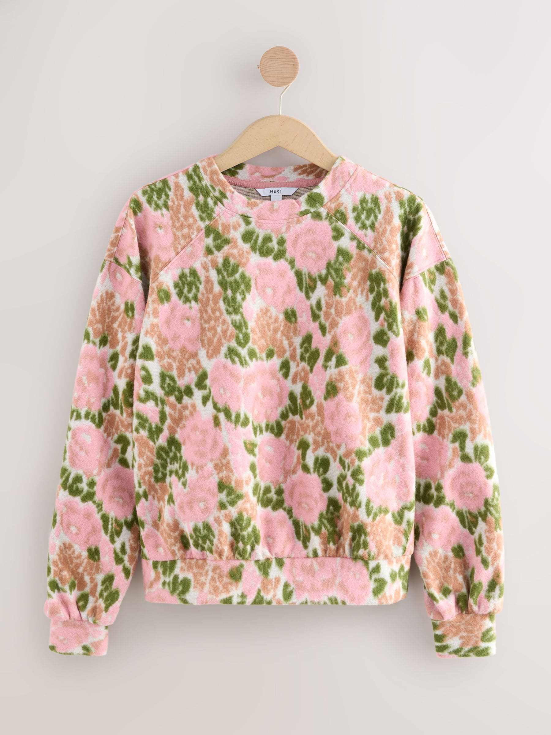 Buy Floral Pink/Green Cosy Crew Neck Jumper With Ribbed Detail