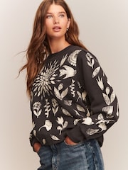 Black and White Graphic All Over Print Symmetrical Crew Neck Sweatshirt - Image 1 of 9