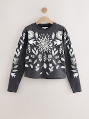 Black and White Graphic All Over Print Symmetrical Crew Neck Sweatshirt - Image 7 of 9