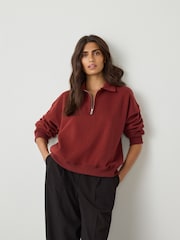 Chocolate Brown Essential Quarter Zip Neck Collarred Sweatshirt - Image 2 of 7