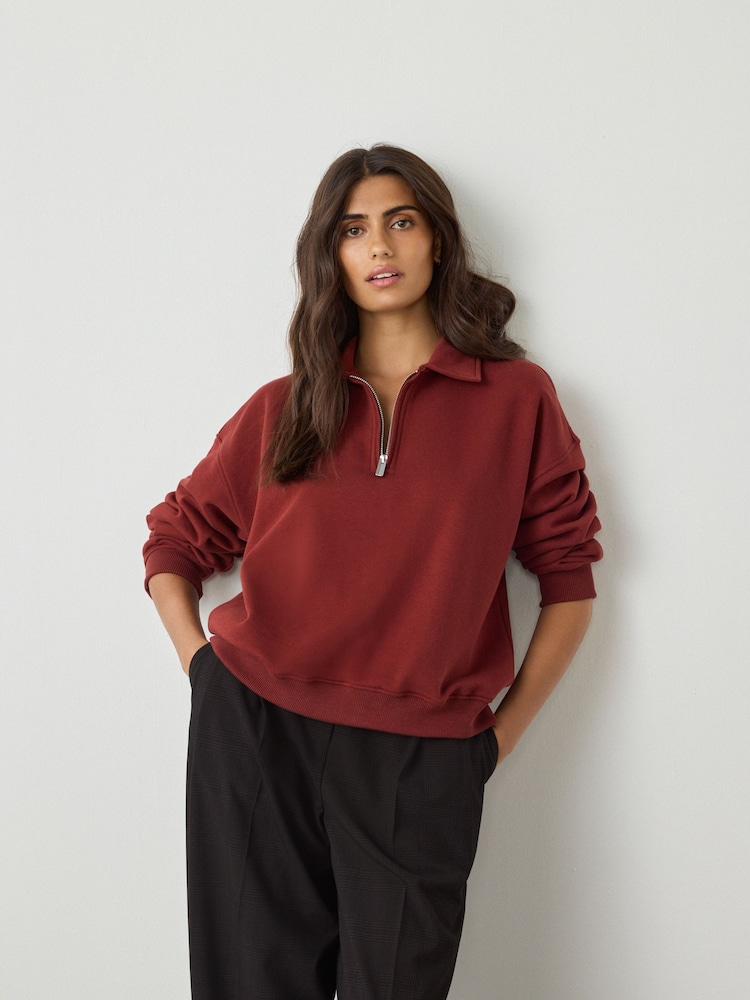Chocolate Brown Essential Quarter Zip Neck Collarred Sweatshirt - Image 2 of 7