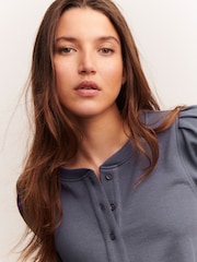 Azul índigo - Washed Henley Neck Line Long Sleeve Sweatshirt - Imagem 4 de 8
