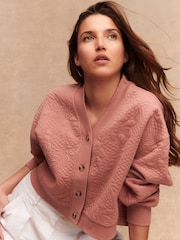 Rose Pink Jaquard Floral Print Relaxed Sleeve Button Up Cardigan - Image 1 of 8