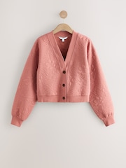 Rose Pink Jaquard Floral Print Relaxed Sleeve Button Up Cardigan - Image 6 of 8