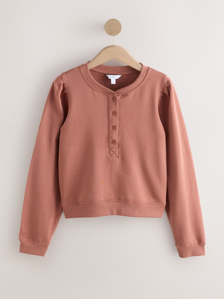 Mocha Brown Washed Henley Neck Line Long Sleeve Sweatshirt - Image 1 of 3