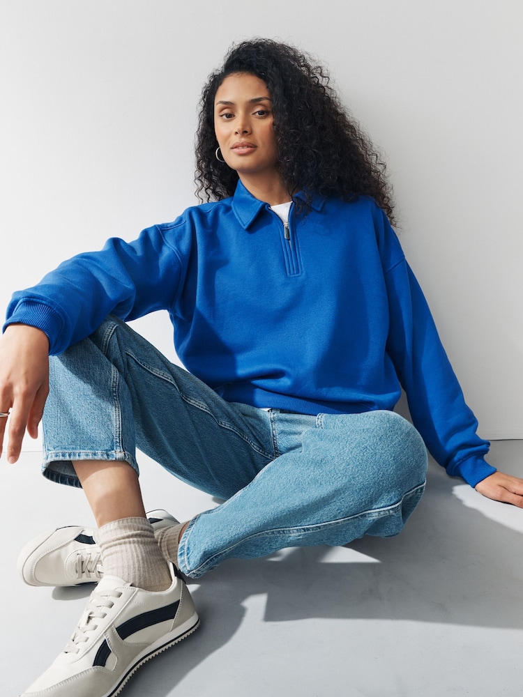 Cobalt Blue Essential Quarter Zip Neck Collarred Sweatshirt - Image 1 of 7