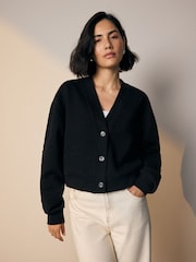 Black Jaquard Floral Print Relaxed Sleeve Button Up Cardigan - Image 1 of 6
