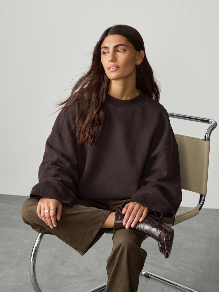 Chocolate Brown Elevated Crew Neck Long Sleeve Ribbed Sweatshirt - Image 1 of 8