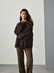 Chocolate Brown Elevated Crew Neck Long Sleeve Ribbed Sweatshirt - Image 3 of 8