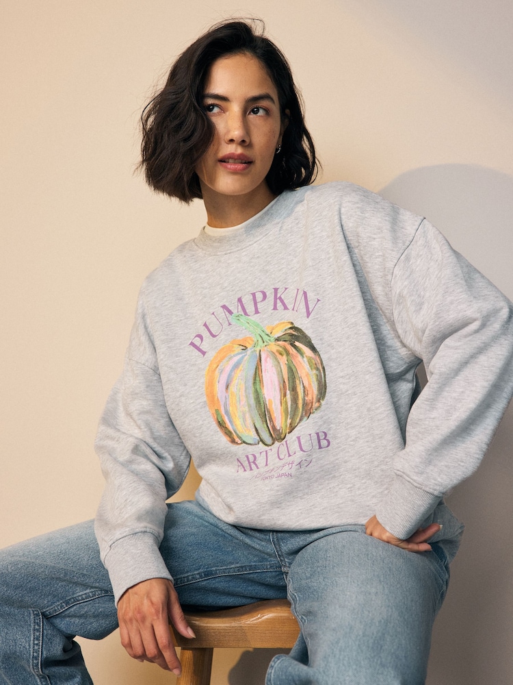 Grey Marl Graphic Halloween Autumnal Season Painted Pumpkin Art Crewneck Longsleeve Sweatshirt - Image 1 of 6 Grey Marl Graphic Halloween Autumnal Season Painted Pumpkin Art Crewneck Longsleeve Sweatshirt - Image 1 of 6
