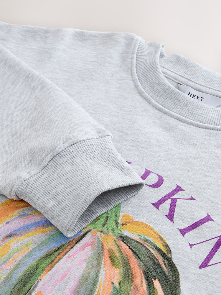 Grey Marl Graphic Halloween Autumnal Season Painted Pumpkin Art Crewneck Longsleeve Sweatshirt - Image 6 of 6 Grey Marl Graphic Halloween Autumnal Season Painted Pumpkin Art Crewneck Longsleeve Sweatshirt - Image 6 of 6