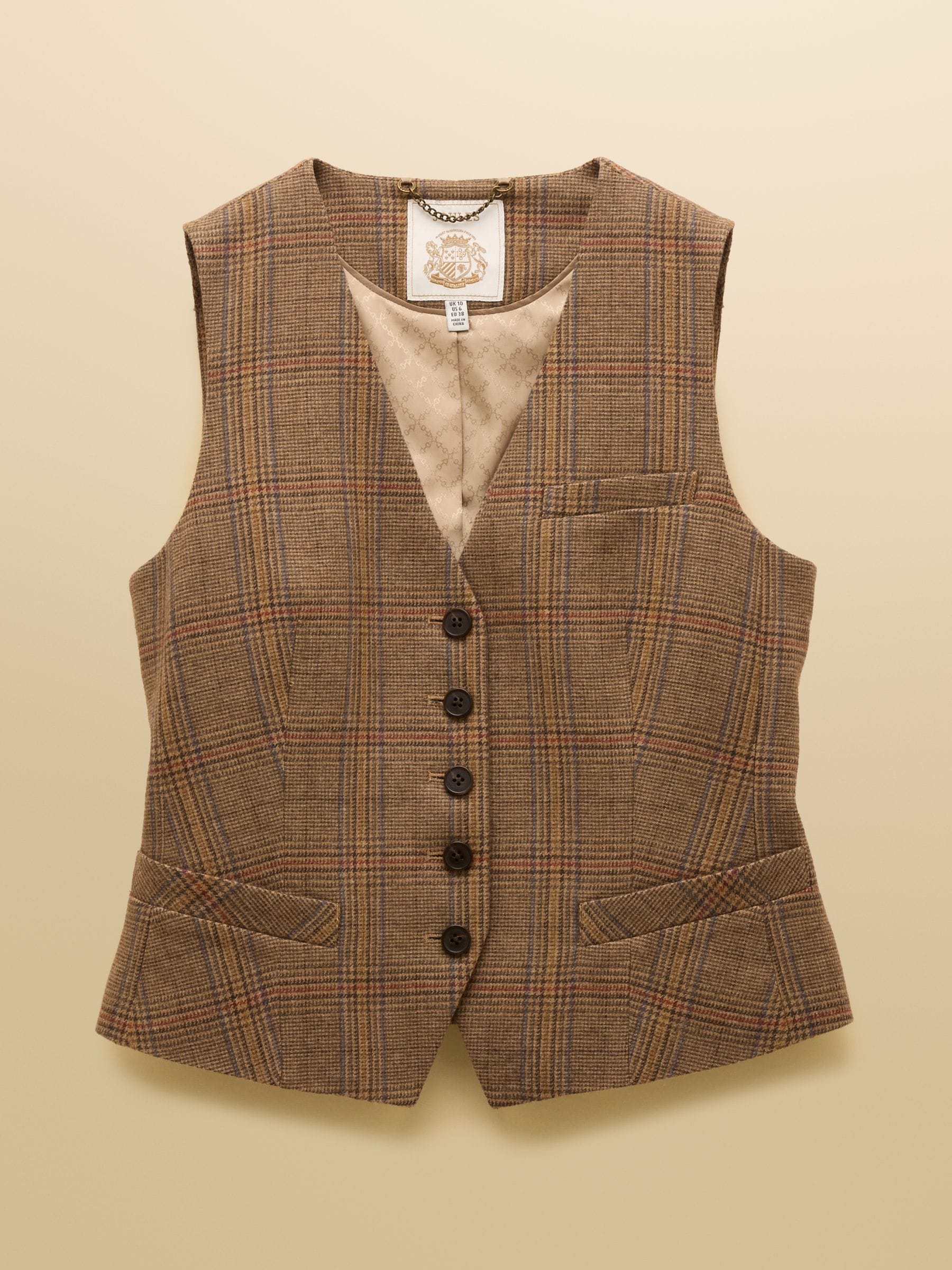 Buy Joules Foxley Brown Wool Rich Check Tweed Waistcoat from the