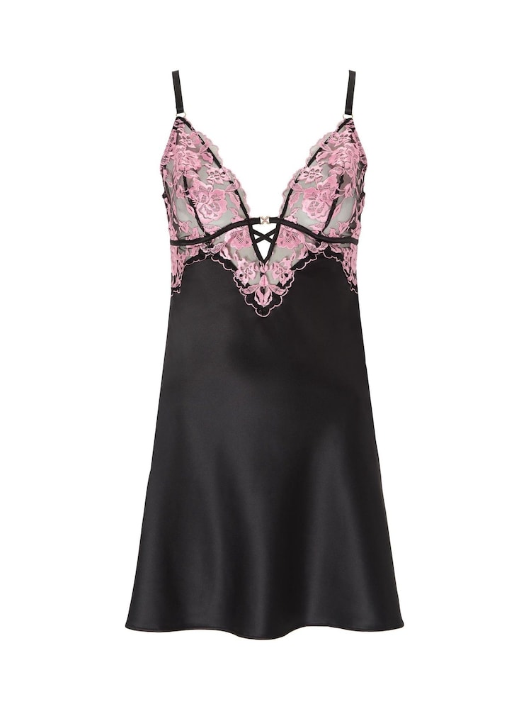 Ann Summers Black/Pink Endless Attraction Satin & Embroidered Mesh Chemise Nightie - Image 6 of 6