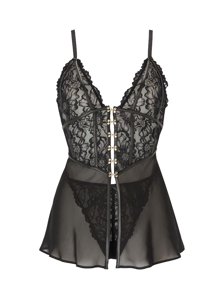 Ann Summers Black Alyssia PU Seamed Lace & Mesh Babydoll Set - Image 5 of 5