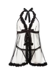 Ann Summers Black Desires At Dusk Faux Fur Trim Sheer Crotchless Babydoll Set - Image 8 of 8