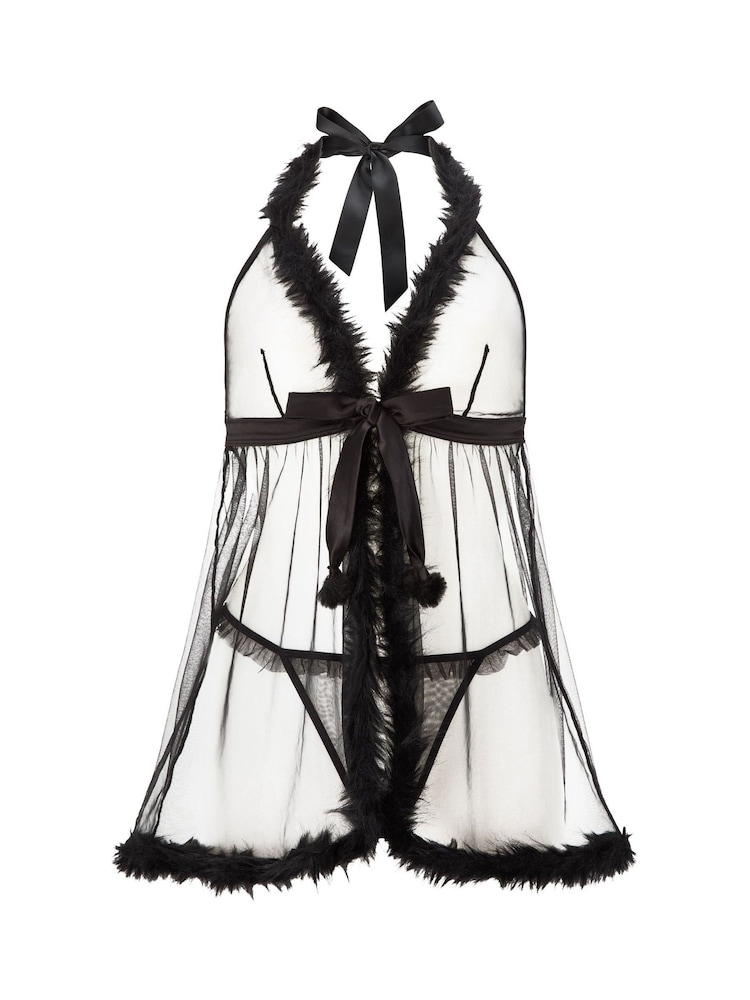 Ann Summers Black Desires At Dusk Faux Fur Trim Sheer Crotchless Babydoll Set - Image 8 of 8