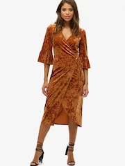 Superdry Brown Short Sleeve Velvet Wrap Midi Dress - Image 1 of 3
