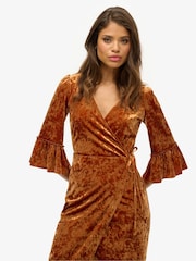 Superdry Brown Short Sleeve Velvet Wrap Midi Dress - Image 2 of 3