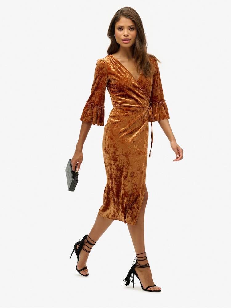 Superdry Brown Short Sleeve Velvet Wrap Midi Dress - Image 3 of 3