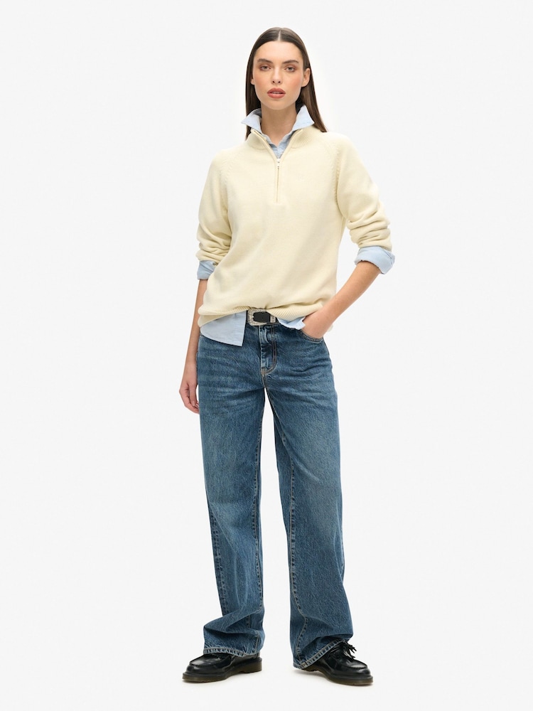 Superdry Cream Classic 100% Cotton Knit Half Zip Jumper - Image 2 of 3
